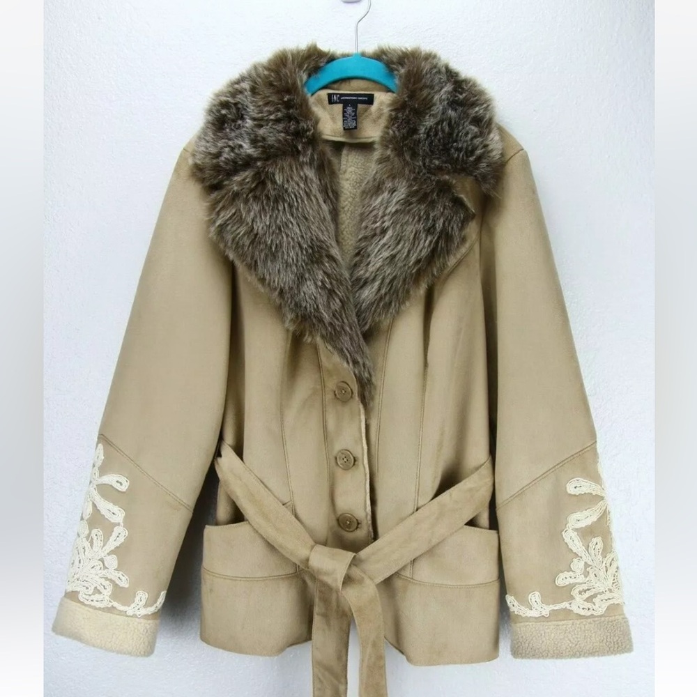 INC International Concepts Tan Embroidered Sleeve Faux Suede Fur Jacket size 0X